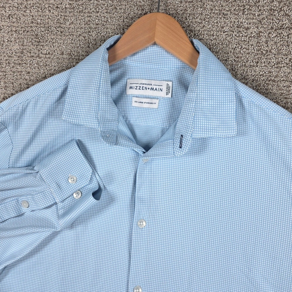 Mizzen+Main Spinnaker Mens XXL Blue Gingham Performance Dress Shirt Standard